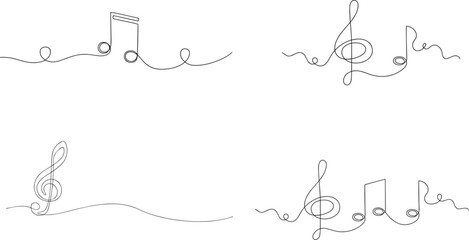One continuous line drawing of musical notes. Minimalist web banner and logo of music school or choir concert in simple linear style. Editable stroke. Doodle vector illustration