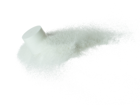 Cosmetic container white bottle fly splashing on white sand. Tube transparent sand powder in mid air. Moisturizer lotion cream bottle explosion flying. White background isolated high speed shutter
