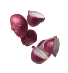 Shallots fall fly in mid air, red fresh vegetable spice shallots onion floating. Organic fresh...