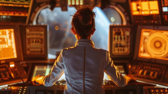 With back to the camera the final astronaut stands at the engineering station hands floating above the intricate controls . .