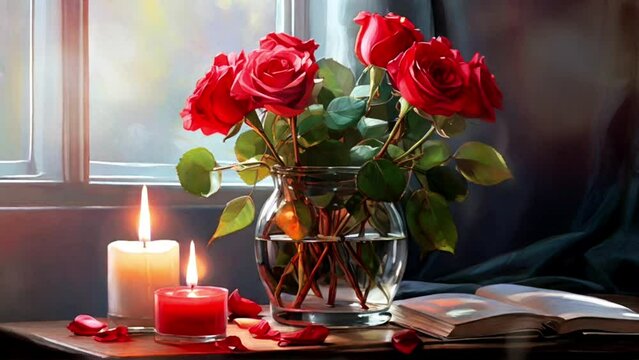 Bouquet of red roses in a vase, book and burning candle on a dark background 