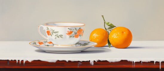 Naklejka na ściany i meble A beautiful painting of a cup and saucer alongside a vibrant lemon on a wooden table