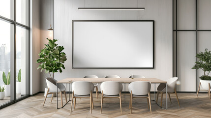 A professional office setting with a minimalist meeting area, featuring a white empty frame on the wall for versatile customization