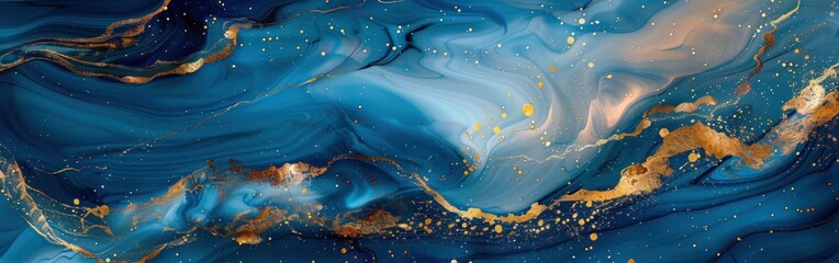 Blue Blossom Marble with Gold Lines: Luxury Abstract Texture for Background Banner - Fluid Ink Painting Illustration