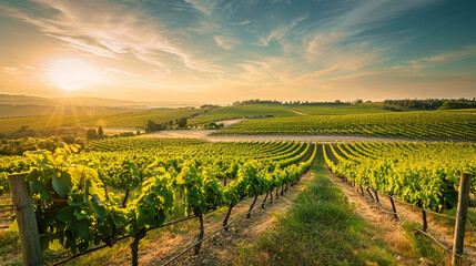 A scenic vineyard with rows of grapevines stretching into the distance, representing the...
