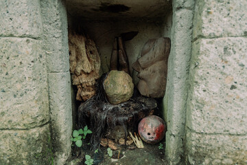 Closeup of wooden mask statue, Ubud, Bali, Indonesia