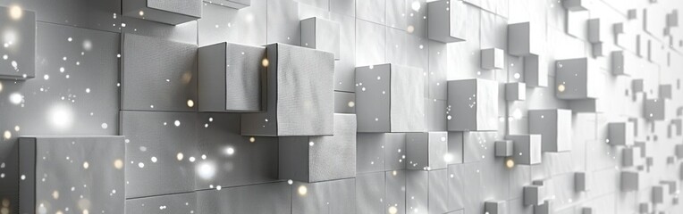 White Geometric 3D Wall with Square Cubes and Glowing Lights - Abstract Background and Textured Wallpaper