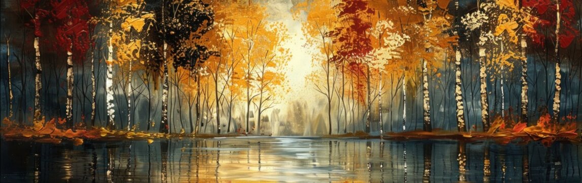 Golden Birch Forest: AI-Enhanced Acrylic Oil Painting with Water Reflection and Abstract Gold Details