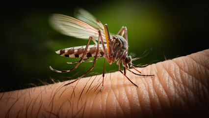 Close-up of a mosquito landing on the arm of a human, sucking blood. 01. - obrazy, fototapety, plakaty
