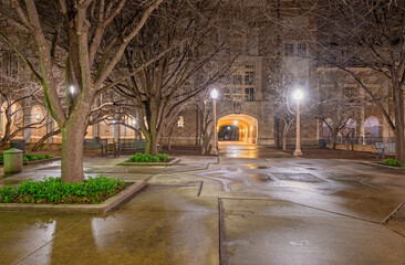 Night view of a pedestrian walkway on the Texas Tech University campus in Lubbock, Texas, USA