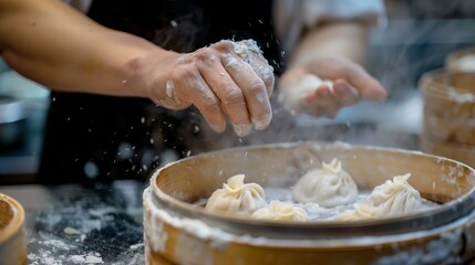 Fototapeta premium A close-up view of a chef's hands as they expertly prepare fresh dumplings in a bustling kitchen environment.