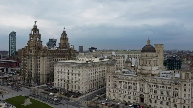 Aerial view of the Heart of Liverpool city centre and it's landmarks 