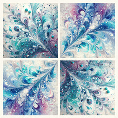 four patch of marbling effects in turquoise, purple, blue, green, white, violet; light and bright