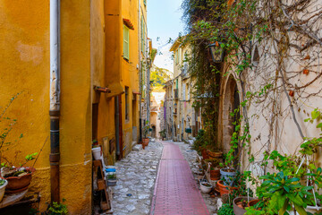 The narrow residential streets and alleys in the medieval old town of the village of La Turbie, France, in the Provence Cote d'Azur region of the French Riviera.
