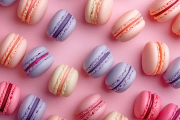 Schilderijen op glas Assorted Colorful Macarons on Pink Background, Flat Lay Top View Concept for Bakery or Sweets Shop Marketing © SHOTPRIME STUDIO