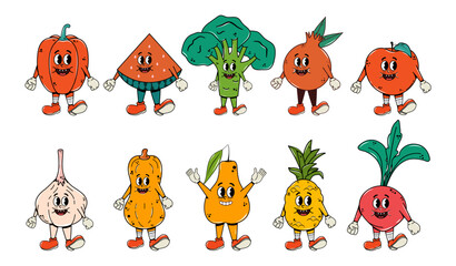 Collection and set of fruits and berries in groovy style. Cartoon characters in retro and vintage style.  Concept made from elements. Hippie 70s, 80s. Psychedelic rave. The food is healthy. Funky face