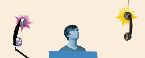 Picture collage of sad person listening clients