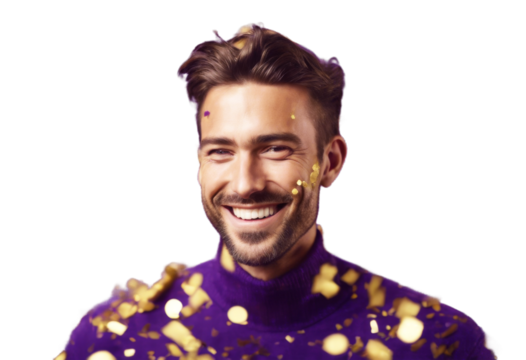 happy man background handsome celebration portrait confetti purple golden smiling businessman people guy gold face beauty party luxury elegant fashion new year christmas friends joy love fun smil - Powered by Adobe