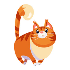 Cute big tabby ginger Cat stands with his tail proudly raised, cartoon flat design illustration