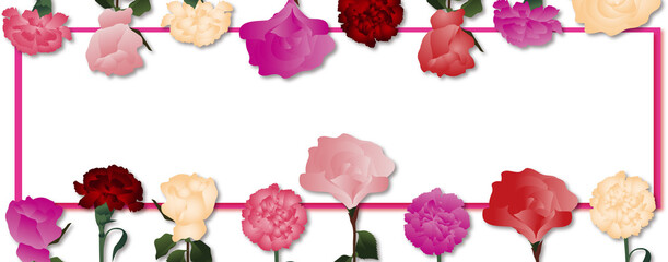 カーネーションとバラの花が並ぶメッセージボードのバナー素材母の日にも使えます