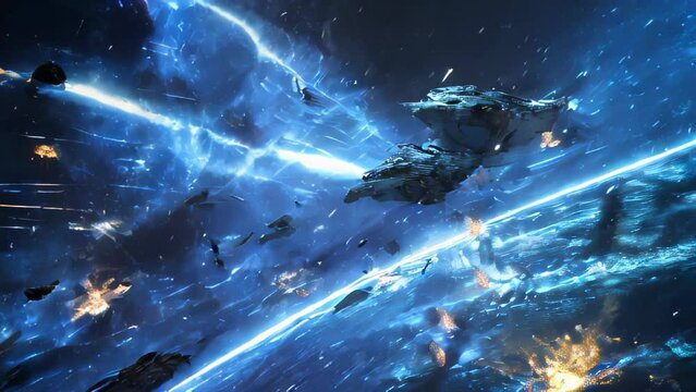 A spectacular battle scene unfolding in outer space. Multiple spaceships engaged in intense crossfire. Missiles and beams flying between ships, explosions occurring. 
