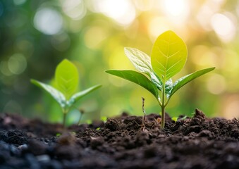Young Plant Saplings Growing in Fertile Soil with Sunlight Bokeh Background