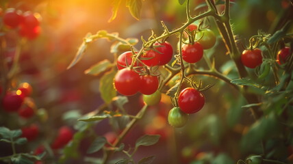 Red cherry tomatoes growing on branch	at farm vegetable garden
