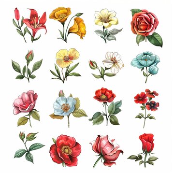 Vibrant Collection of Various Blossoming Flowers Illustration Set