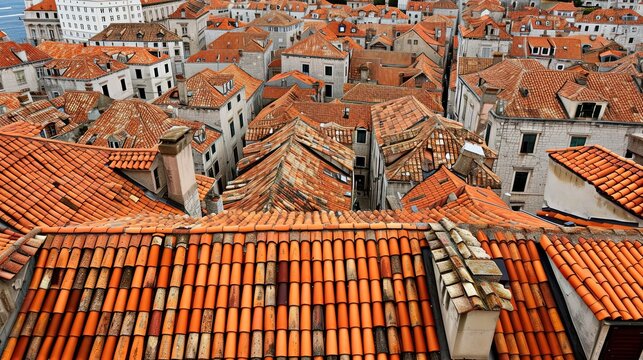 Calm composition of the image of the roofs of the old city. Red roofs. Aesthetic calm background. Generative AI