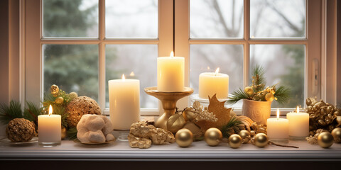  A festive arrangement showcasing four burning golden candles, a vase containing lush eucalyptus branches, and a bowl filled with delectable cookies, all arranged beautifully on a wooden table. - obrazy, fototapety, plakaty