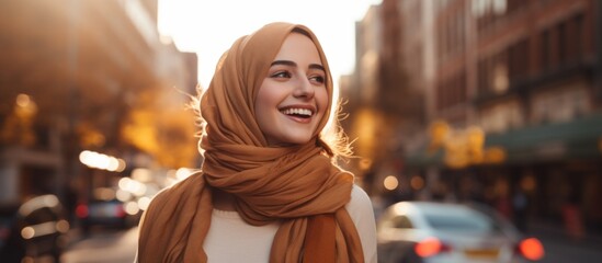 Naklejka premium A woman wearing a scarf and white shirt is standing on a bustling city street with buildings and cars in the background