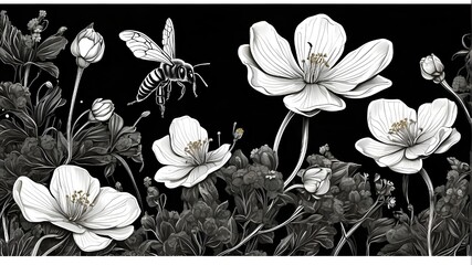 The generative AI vector artwork of a bee gathering pollen for honey pollination of a blooming flower displays intricate line art sketch engraving. Imitation of a scratch board. In both black and whit