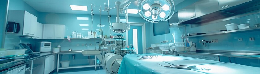 Sterile Environment of the operating room, the equipment instruments and surgical drapes arranged meticulously for the procedure - obrazy, fototapety, plakaty
