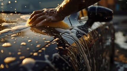a photograph of a person cleaning their car with soap, the image is a close-up of the car with a hand cleaning the car with a sponge