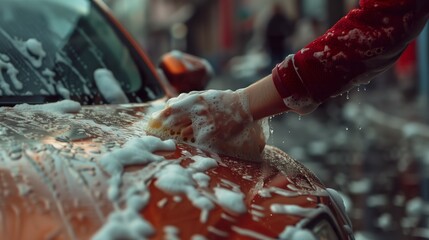 a photograph of a person cleaning their car with soap, the image is a close-up of the car with a hand cleaning the car with a sponge