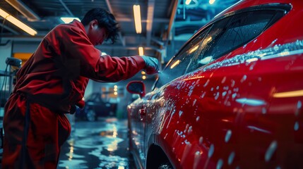 In the car repair shop, a staff member is polishing the car. The car is very new and has a strong texture. The staff is very clean - obrazy, fototapety, plakaty