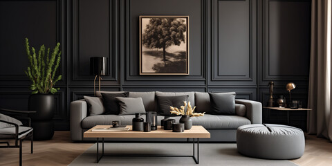 A stylish living room with modern decor, upholstered furniture pieces, and a dark classic wall adding depth and elegance to the contemporary interior design