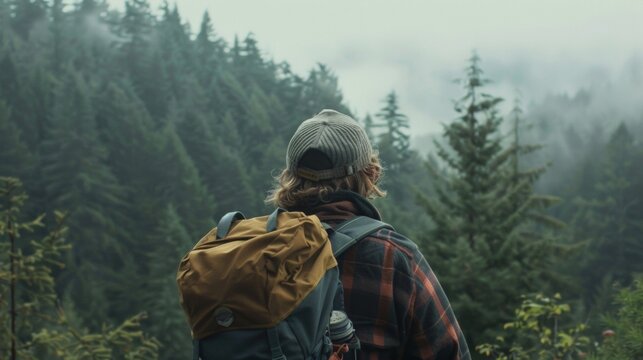 A backpacker gazes at the vast expanse of the forest ahead back facing the camera as they take in the overwhelming sense of . .