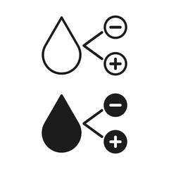 Humidity level adjustment icons. Water drop with plus and minus signs. Humidifier control symbols. Vector illustration. EPS 10. - obrazy, fototapety, plakaty