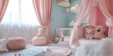 Organized Baby Wardrobe with Clothes and Toys Displayed on Shelves Luxury bedroom in white wallpaper .
