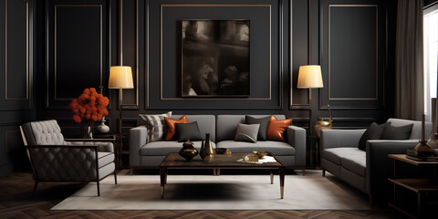 A stylish living room with modern decor, upholstered furniture pieces, and a dark classic wall adding depth and elegance to the contemporary interior design.