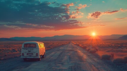 As the sun dipped below the horizon, casting long shadows over the desolate highway, their vintage camper van rumbled into view, its faded paint telling stories of countless journeys past. - obrazy, fototapety, plakaty
