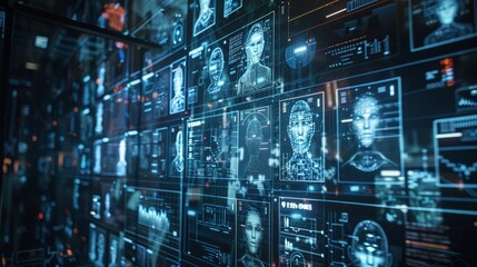 Naklejka premium A surveillance system dashboard showing multiple faces being scanned and identified, law enforcement theme