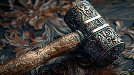 Macro shot of a judge's hammer with intricate carvings, emphasizing the gravity and precision of law - obrazy, fototapety, plakaty