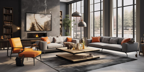  A contemporary living room with an open-plan layout, designer furniture pieces, and a mix of textures and patterns that add visual interest, presented in a high-definition 3D rendering for a modern.