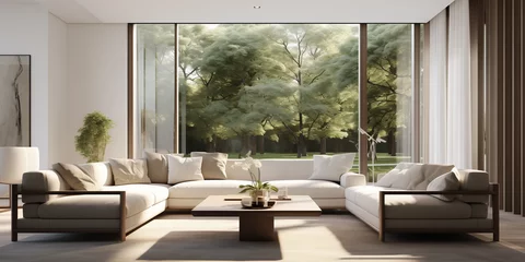 Foto op Aluminium A sleek and contemporary living room with minimalist furniture, flooded with natural light and a view of lush greenery outside, in a 3D rendering illustration capturing modern elegance. © Kaneez