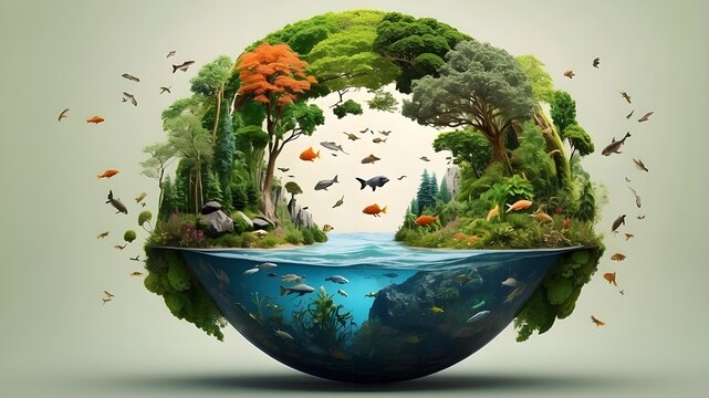 artistic collage of aquatic environment, ecosystem, and biodiversity in the form of a spherical.