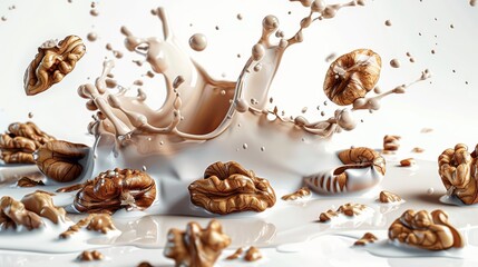 Organic Vegan Walnut Milk 3D splash with walnuts isolated on White. Alternative Yummy Walnut Milk Beverage, Walnuts, and Sweet Chocolate Waves.  Professional Superfood Photography. - obrazy, fototapety, plakaty