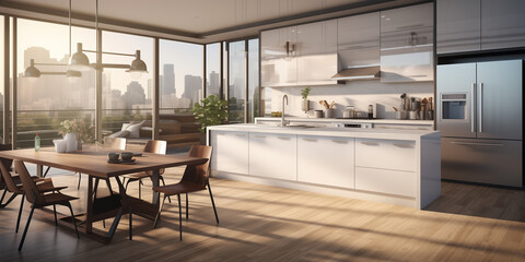  A stylish kitchen with glossy surfaces, state-of-the-art appliances, and abundant sunlight streaming through large windows, presented in a 3D rendering for a modern interior design concept.  - obrazy, fototapety, plakaty
