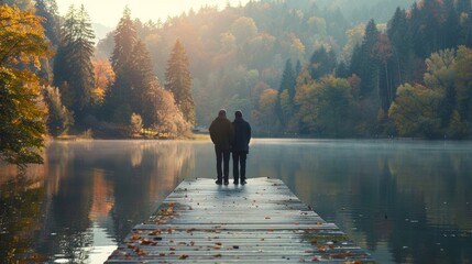 A pair of silhouetted figures stand on a wooden dock facing out towards the serene lake and towering trees in a moment of quiet reflection . .